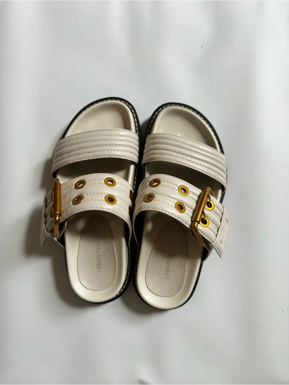 Cream Slide Sandals with Gold Buckle Accents - Kids